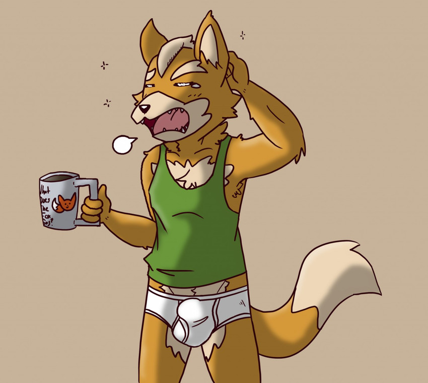 anthro beverage blonde_hair briefs bulge clothing coffee coffee_cup container cup detailed_bulge erection eyes_closed fur green_clothing green_shirt green_tank_top green_topwear hair hand_behind_head male monotone_briefs monotone_clothing monotone_underwear morning morning_wood open_mouth orange_body orange_fur shirt simple_background solo tan_background tan_body tan_fur tank_top teeth_showing text tighty_whities tongue_showing topwear underwear waking white_briefs white_clothing white_underwear kayadult nintendo star_fox fox_mccloud canid canine fox mammal english_text