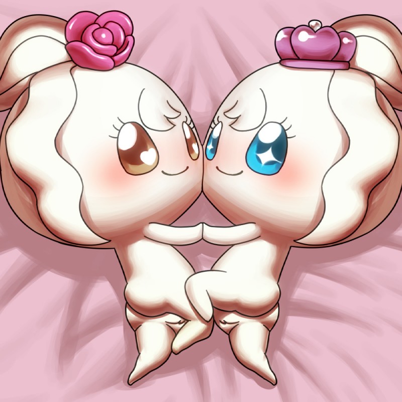 blush butt duo female genitals heart_eyes heart_symbol looking_at_viewer nude pussy smile kyuubi360 tamagotchi clulutchi humanoid miraitchi 1:1 archived_source