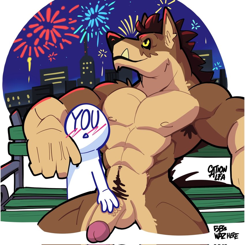 abs anthro balls biceps blush casual_nudity duo fireworks flaccid fur genitals glans hand_on_another's_penis hand_on_penis humanoid_genitalia humanoid_hands humanoid_penis larger_anthro male male/male muscular muscular_anthro muscular_male navel night nipples nude nude_anthro nude_male obliques outdoor_nudity outside pecs penis pubes size_difference sky smile tail vein veiny_penis yellow_eyes cationalfa mad_wolfie third-party_edit anon derris canid canine canis mammal wolf 1:1 hi_res