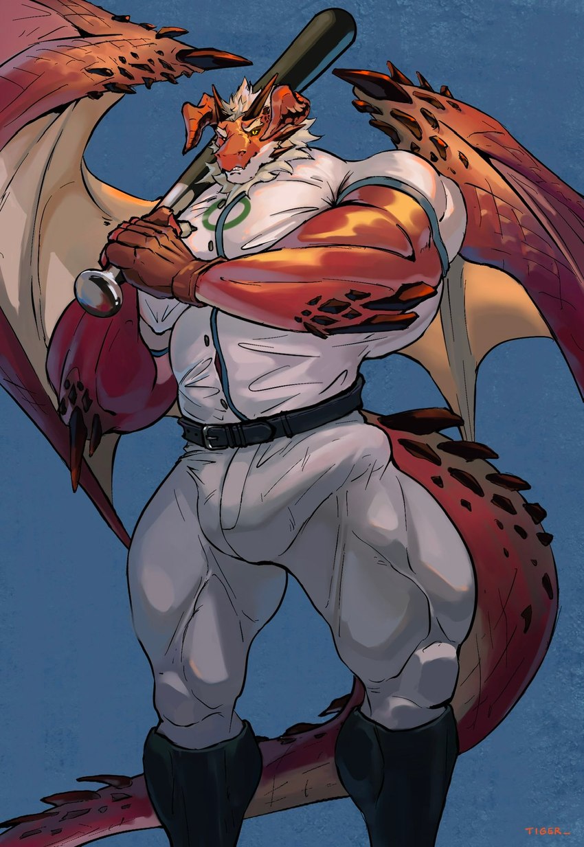 4_horns anthro barazoku baseball_bat baseball_uniform bat_(object) big_bulge biped bottomwear bulge clothing detailed_bulge erection erection_under_clothing genital_outline hair holding_object horn male male_anthro membrane_(anatomy) membranous_wings multi_horn muscular muscular_anthro muscular_male neck_tuft penis_outline red_body solo spikes spikes_(anatomy) sportswear tan_body tight_bottomwear tight_clothing tight_topwear topwear tuft uniform white_body white_hair wings mako_pbw mythology dragon mythological_creature mythological_scalie reptile scalie 2025 digital_media_(artwork) hi_res