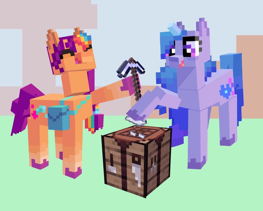 bag blue_hair crafting_table duo female feral hair horn pickaxe purple_body purple_eyes shoulder_bag aztrial hasbro microsoft minecraft mlp_g5 mojang my_little_pony mythology xbox_game_studios izzy_moonbow_(mlp) sunny_starscout_(mlp) earth_pony equid equine horse mammal mythological_creature mythological_equine pony unicorn 3d_(artwork) digital_media_(artwork) hi_res