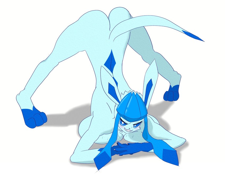 3_toes anthro ass_up back_pattern bangs big_breasts blue_body blue_fur blue_sclera blue_skin blush bodily_fluids breasts claws curvy_figure diamond_(marking) feet female fur hands_together hourglass_figure humor jack-o'_pose leg_markings long_body long_tail looking_at_viewer markings multicolored_body multicolored_fur multicolored_skin on_ground pointy_ears pose prick_ears pupils simple_background smile socks_(marking) solo spread_legs spreading sweat tail teeth toes two_tone_body two_tone_fur two_tone_skin what white_background white_pupils sanofox nintendo pokemon eeveelution generation_4_pokemon glaceon pokemon_(species) 2021 alternate_version_at_source digital_drawing_(artwork) digital_media_(artwork) hi_res