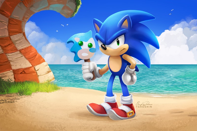 angry anthro big_eyes big_head biped clothing dessert featureless_crotch food footwear gloves green_eyes handwear ice_cream looking_at_viewer male outside popsicle quills_(anatomy) sand sea shoes socks solo sonic_popsicle standing toony water tsaoshin popsicle_(brand) sega sonic_the_hedgehog_(series) sonic_the_hedgehog eulipotyphlan hedgehog mammal 3:2 digital_media_(artwork) digital_painting_(artwork)