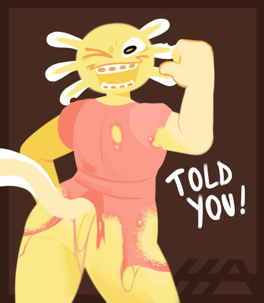 anthro axolotl_tail braces butt clothing female focus_on_ass gesture hand_gesture pointing pointing_at_self rear_view solo text torn_clothing yellow_body hailey_png penny_pierce_(hailey_png) amphibian axolotl marine mole_salamander salamander absurd_res english_text hi_res