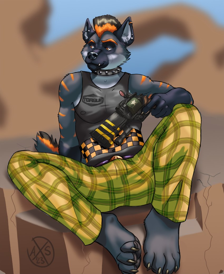 anthro bottomwear checkered checkered_clothing clothed clothing desert ear_piercing fur grey_body grey_fur gun handgun male mohawk orange_body orange_fur orange_stripes pattern_bottomwear pattern_clothing piercing plaid plaid_bottomwear plaid_clothing ranged_weapon revolver shirt sitting sitting_on_ground snaggle_tooth solo stripes tank_top topwear weapon alphasabre 2k_games borderlands hyena mammal striped_hyena hi_res