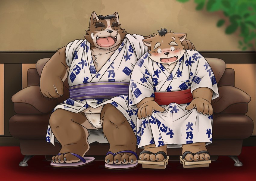 anthro asian_clothing belly big_belly blush brown_body brown_fur bulge clothing detailed_background duo east_asian_clothing eyes_closed footwear fundoshi fur furniture humanoid_hands japanese_clothing kemono male male/male overweight overweight_male sandals shoes sitting sofa underwear white_clothing white_fundoshi white_underwear mind_drive mizuse_higomaru canid canine canis domestic_dog mammal 2022 hi_res