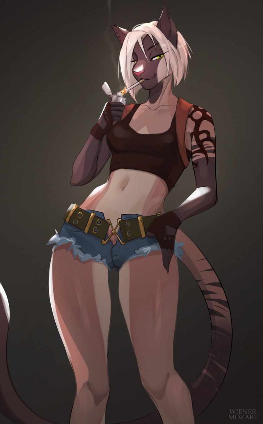 anthro belt black_body black_fur blonde_hair bottomwear breasts cigarette cigarette_in_mouth clothed clothing cosplay ear_piercing female fur green_eyes hair looking_at_viewer object_in_mouth piercing shirt shorts simple_background small_breasts smile smoke smoking solo tail tan_body tan_fur tattoo topwear wienermozart revy_(black_lagoon) tracy_guo domestic_cat felid feline felis mammal siamese absurd_res digital_media_(artwork) hi_res