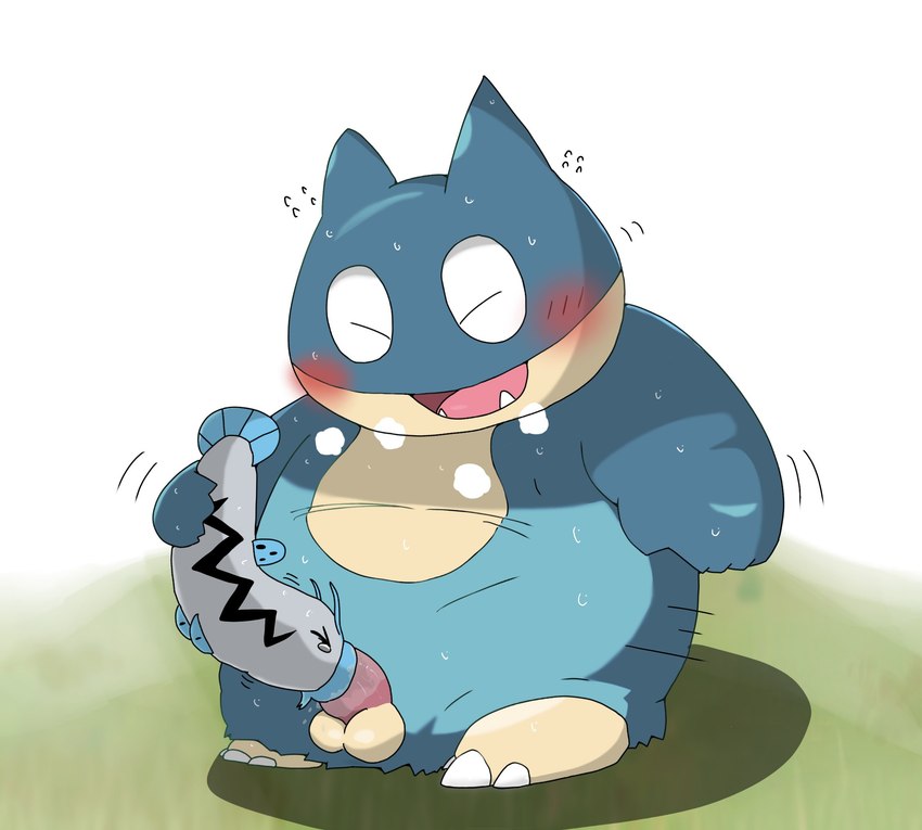 anthro balls belly big_belly blue_body blush bodily_fluids cute_fangs duo erection eyes_closed fangs feral genitals kemono living_condom male oral overweight overweight_male penis sweat teeth ginpachi914 nintendo pokemon barboach generation_3_pokemon generation_4_pokemon munchlax pokemon_(species) 2022 hi_res