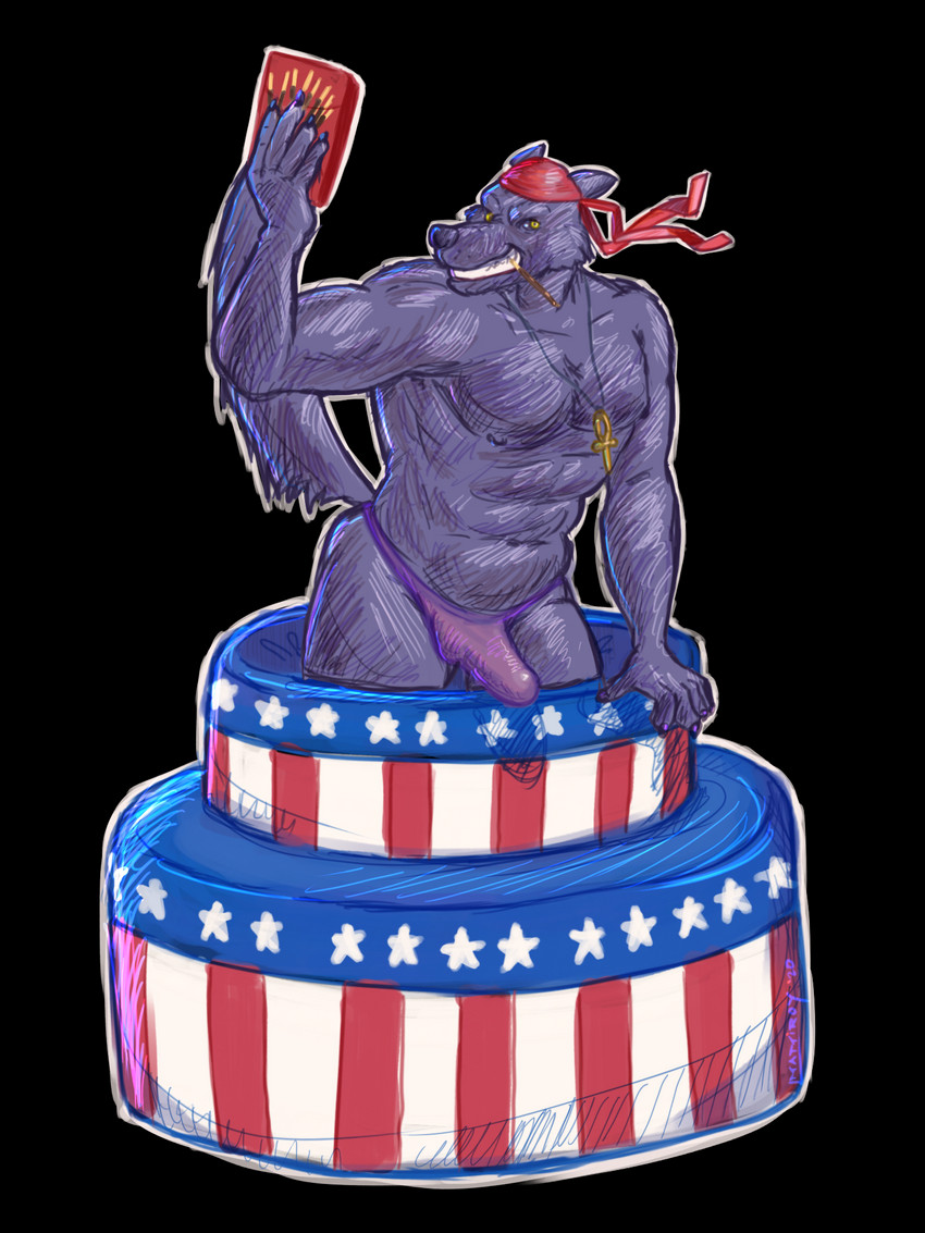 american_flag ankh ankh_necklace anthro black_body black_fur bulge cake clothing dessert detailed_bulge food fur genital_outline gesture grin jewelry kerchief male muscular muscular_anthro muscular_male necklace penis_outline pocky_in_mouth purple_clothing purple_thong purple_underwear raised_tail red_kerchief simple_background smile solo tail text thong transparent_background underwear united_states_of_america alexyorim pocky pocky_and_pretz_day lupine_assassin canid canine canis mammal wolf 3:4 alpha_channel hi_res