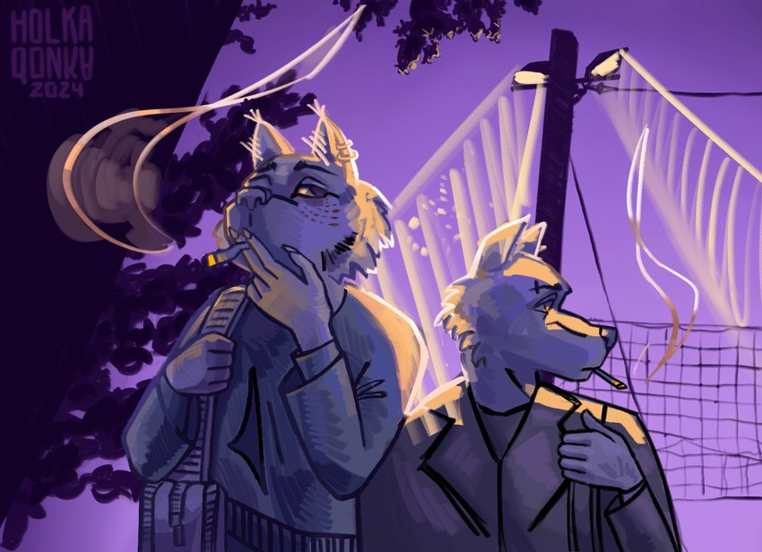 cigarette duo male purple_light smoking street holkaqonka canid canine canis felid feline lynx mammal wolf hi_res