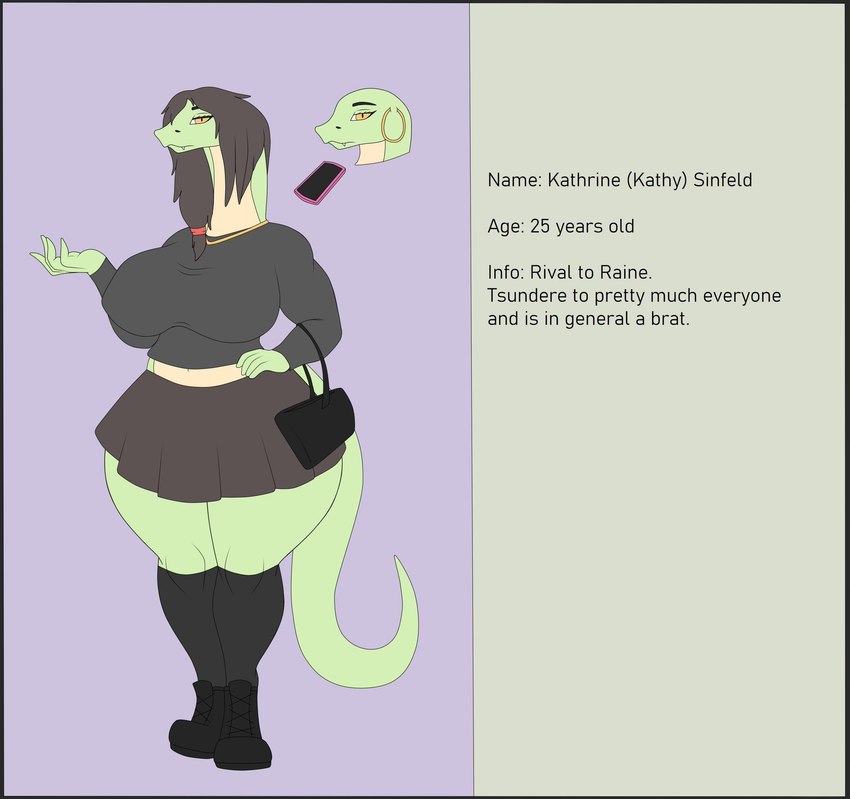 anthro boots bottomwear clothing ear_piercing ear_ring female footwear hair hoop_ear_ring huge_thighs piercing purse ring_piercing shoes skirt solo tail text thick_thighs photolol.03 kathy_sinfeld boomslang_snake humanoid reptile scalie snake character_name english_text hi_res model_sheet