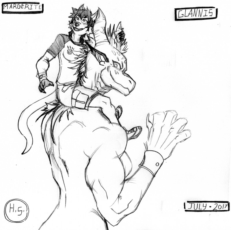 anthro back_muscles biceps big_hands black_clothing black_gloves black_hair black_handwear bottomwear breasts carrying_another chin claws clock clothing duo eyebrows female fingernails gloves hair handwear happy horn large_female larger_female long_ears long_fingernails long_hair long_sleeve_shirt looking_at_viewer looking_up macro mohawk muscular muscular_female nails nude on_shoulders pockets scales shirt shorts simple_background size_difference smile spiky_hair stare symbol t-shirt tail tall topwear watch white_background wristband wristwatch harpseal mythology glannis_(harpseal) margerite_dder dasyuromorph dragon mammal marsupial mythological_creature mythological_scalie recently_extinct_species scalie thylacine 2017 absurd_res hi_res monochrome signature