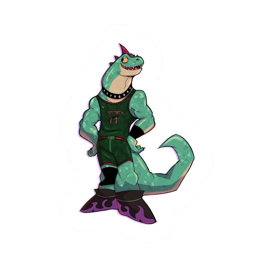 anthro basketball_uniform clothing collar confident happy male male/male muscular muscular_male silly solo sportswear standing uniform yellow_eyes ikaro goat_(movie) modo_olachenko komodo_dragon lizard monitor_lizard reptile scalie 1:1 absurd_res hi_res