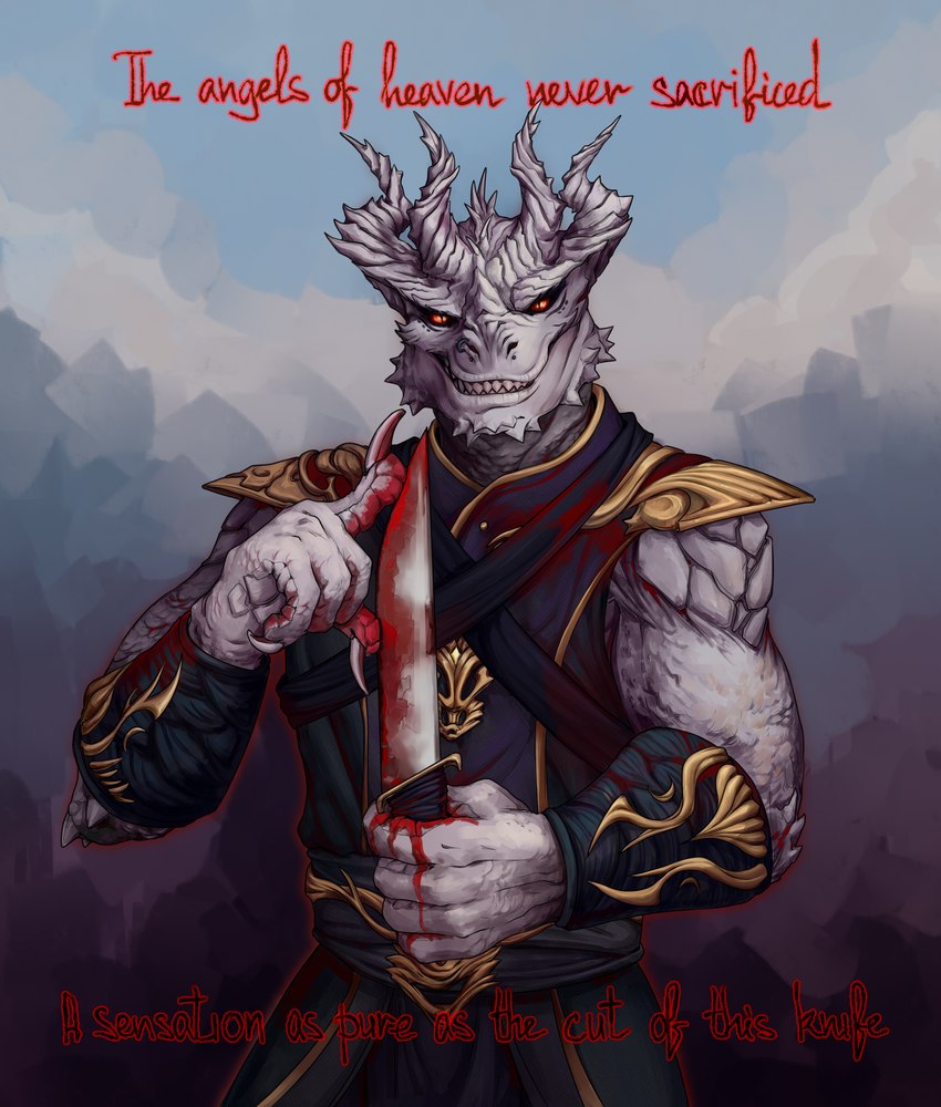 anthro blood bodily_fluids clothing horn knife male red_eyes scales solo white_body sovierdas baldur's_gate baldur's_gate_3 bioware dungeons_and_dragons electronic_arts hasbro larian_studios mythology wizards_of_the_coast the_dark_urge_(baldur's_gate) dragon dragonborn_(dnd) mythological_creature mythological_scalie scalie absurd_res half-length_portrait hi_res portrait