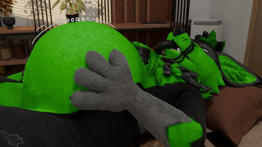 ambiguous_gender anthro black_body black_fur fur green_body green_fur hose hose_in_mouth inflation onomatopoeia solo sound_effects text vrchat_model zeitheron_(artist) blender_cycles kryo freakhound 16:9 hi_res widescreen