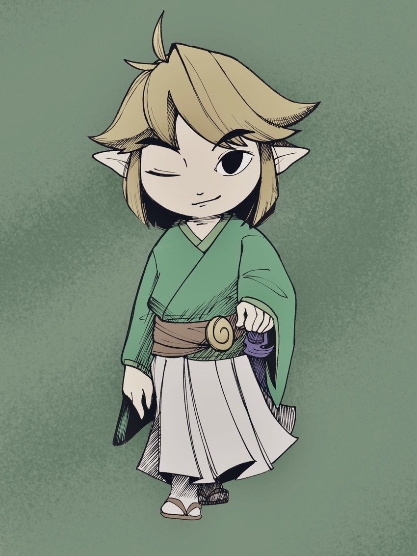 asian_clothing belt blonde_hair clothing east_asian_clothing footwear hair humanoid_pointy_ears japanese_clothing not_furry one_eye_closed pointy_ears sandals shoes simple_background solo omamema0601 nintendo the_legend_of_zelda wind_waker toon_link humanoid hylian hi_res