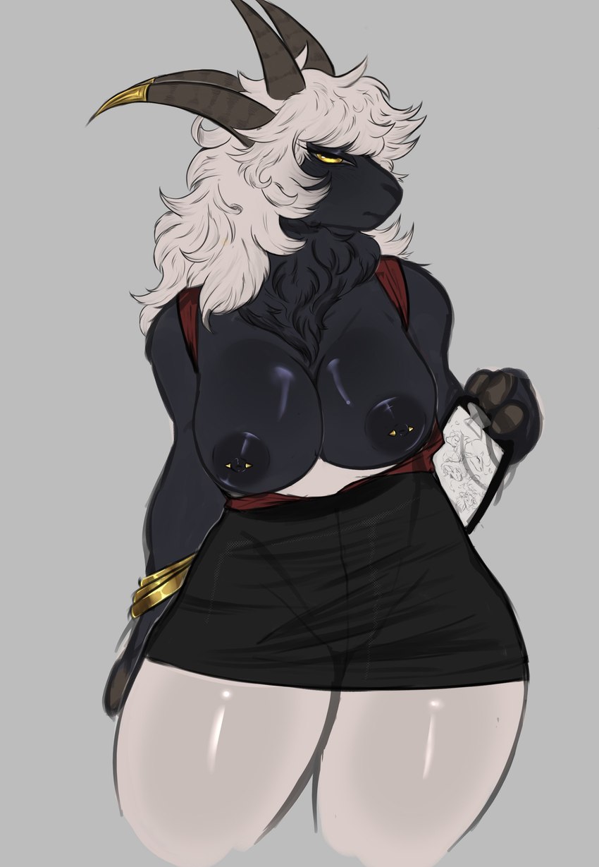 anthro areola big_areola big_breasts black_areola black_body black_fur black_nipples blouse bottomwear bracelet breasts cleavage clipboard clothed clothing exposed_breasts eyelashes female fur genitals gold_(metal) gold_jewelry grey_background hair holding_clipboard holding_object horn horn_jewelry jewelry legwear looking_at_viewer multicolored_body multicolored_fur navel neck_tuft nipple_piercing nipples piercing pose pussy simple_background skirt solo thick_thighs topwear translucent translucent_bottomwear translucent_clothing translucent_legwear translucent_skirt tuft two_tone_body two_tone_fur white_body white_fur white_hair yellow_eyes maxdodraws beatrice_(maxdodraws) bovid caprine goat mammal 2024 absurd_res hi_res pinup portrait three-quarter_portrait