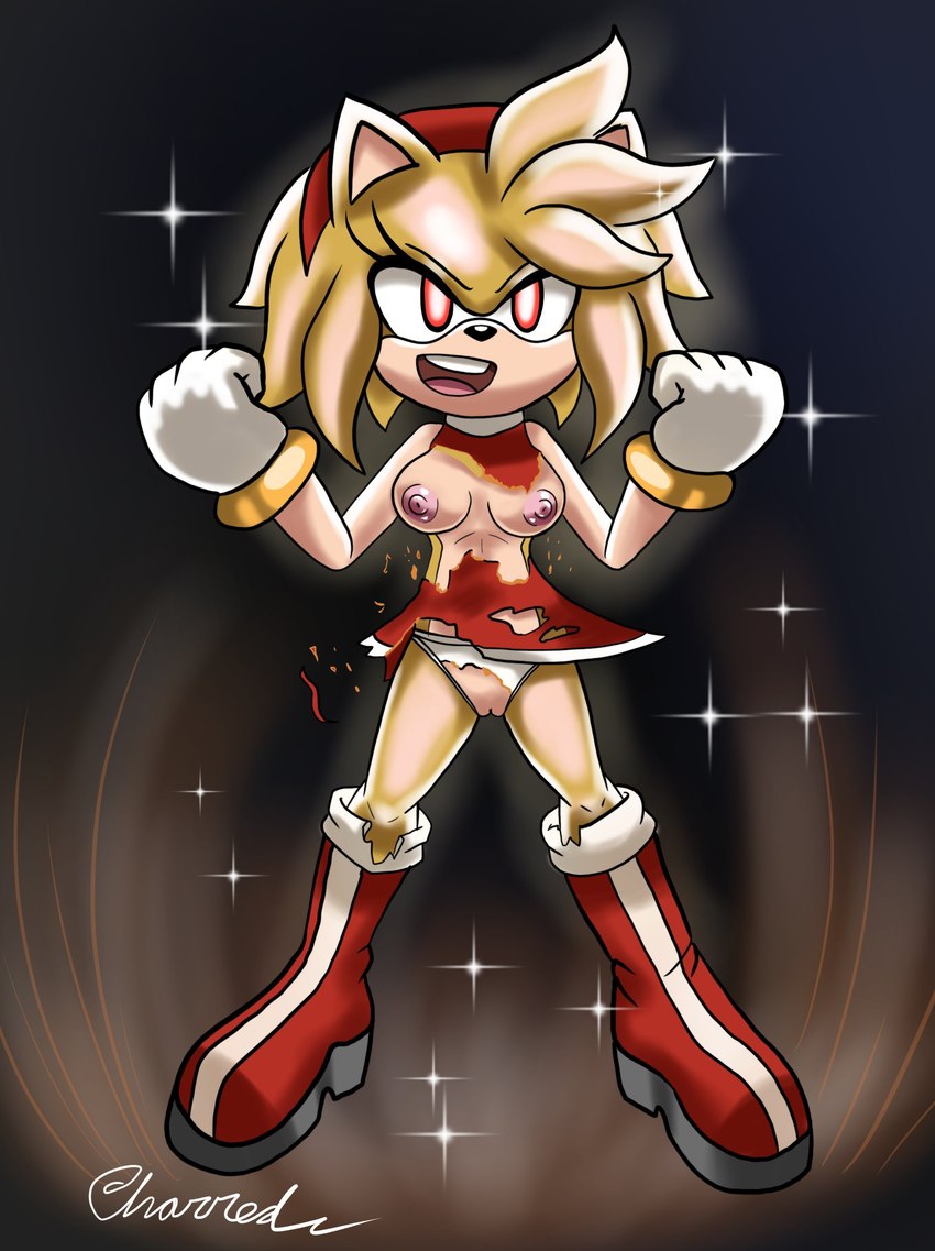 anthro boots breasts burnt_clothing clothed clothing dress female fist footwear genitals looking_at_viewer medium_breasts nipples panties pussy red_eyes shoes solo space underwear upskirt wardrobe_malfunction white_clothing white_panties white_underwear charred_(artist) sega sonic_the_hedgehog_(series) amy_rose super_amy_rose eulipotyphlan hedgehog mammal 2022 absurd_res hi_res signature