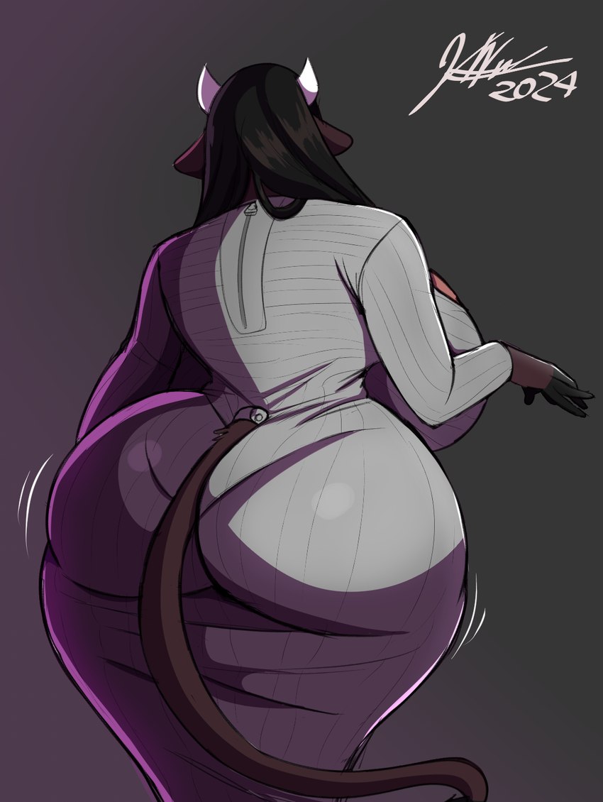 anthro big_breasts big_butt black_hair breasts brown_body brown_fur butt clothing dress female fur hair horn huge_breasts huge_butt huge_thighs looking_away panty_lines solo thick_thighs wide_hips jwinkz summer_(jwinkz) bovid bovine cattle mammal 2024 hi_res