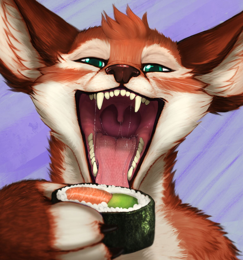 anthro bodily_fluids fangs fluffy food green_eyes happy makizushi male mouth_shot open_mouth rice saliva saliva_on_tongue seaweed solo sushi teeth throat tongue uvula whiskers acidic sol_(luvdiz) dipodid jerboa mammal rodent 2018 hi_res male_(lore)