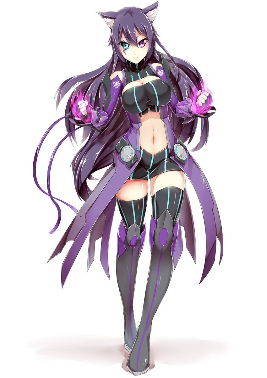 big_breasts bottomwear breasts cleavage clothed clothing female hair heterochromia legwear long_hair skirt solo thigh_highs packge phantasy_star phantasy_star_online_2 sega animal_humanoid deuman humanoid hi_res