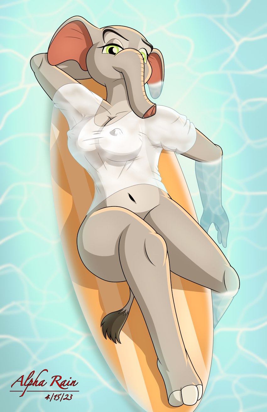 anthro bottomless breasts cleavage clothed clothing elephant_toes female nipple_outline nipples pool shirt skimpy solo surfboard topwear translucent translucent_clothing wet wet_clothing wet_shirt wet_topwear alpha_rain alyssa_meyer elephant elephantid mammal proboscidean 2023 absurd_res hi_res