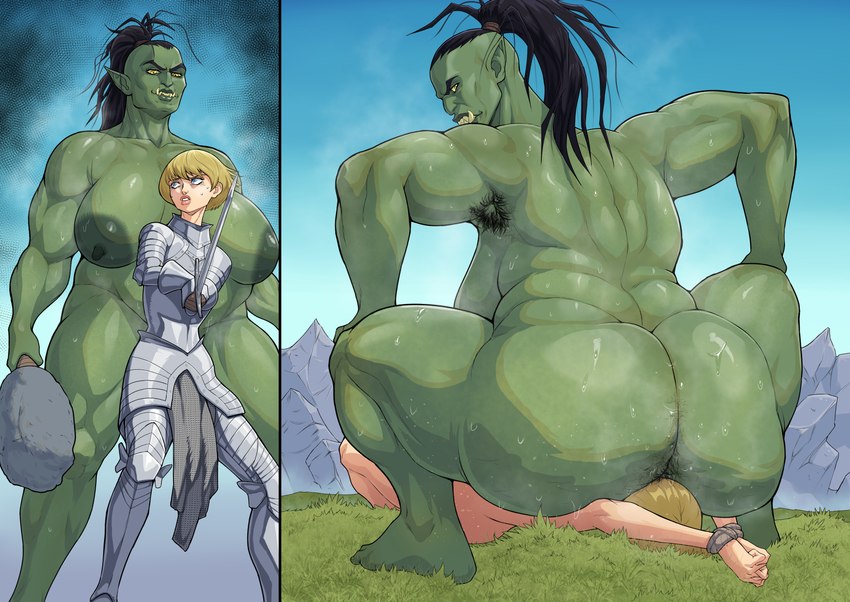 anal_hair areola armor armpit_hair big_areola black_hair blue_eyes bodily_fluids body_hair breasts butt butt_hair club_(weapon) defeated dominant dominant_female facesitting female forced green_body green_skin hair human_on_humanoid humanoid_pointy_ears interspecies larger_female male male/female melee_weapon nipples not_furry nude pointy_ears ponytail sitting_on_another size_difference smaller_male sweat sword tusks weapon yellow_eyes kokobiel human humanoid mammal orc 2024 absurd_res hi_res