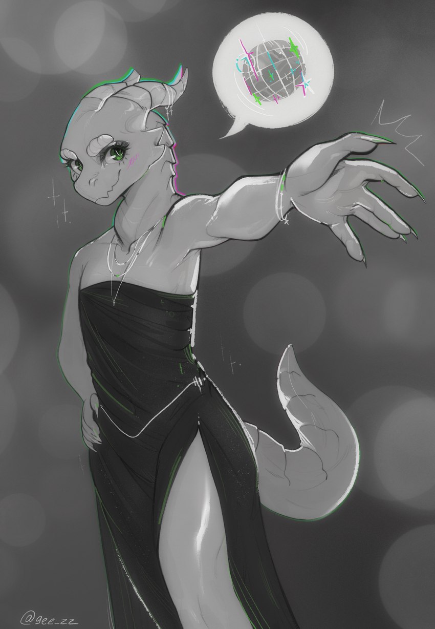 anthro blush clothing disco_ball dress female flat_chested horn jewelry looking_at_viewer necklace offering_hand simple_background slit_dress solo speech_bubble geeswest urza_(the7thprimarch) kobold scalie absurd_res hi_res monochrome signature