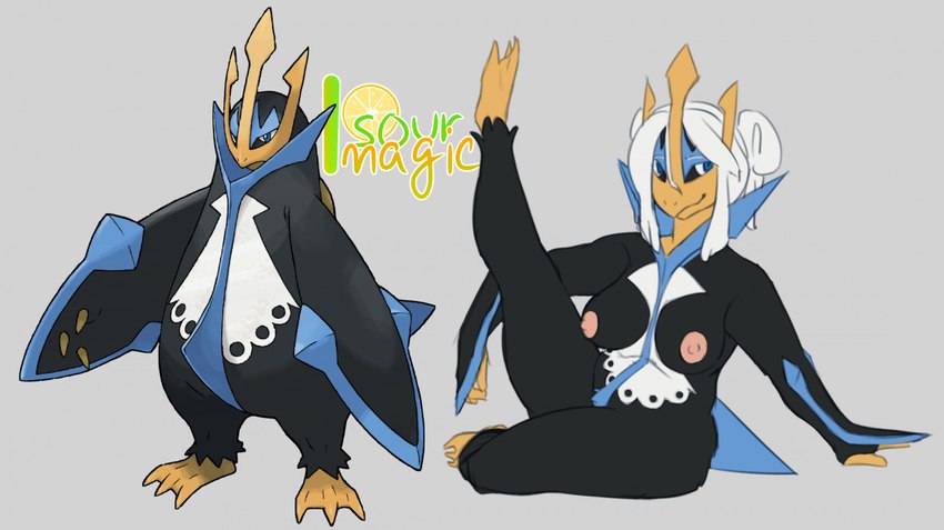 anthro beak black_body black_skin blue_body blue_eyes blue_skin breasts female hair nipples nude pink_nipples raised_leg smile solo stretching white_hair yellow_body yellow_skin bittervow nintendo pokemon empoleon generation_4_pokemon pokemon_(species)