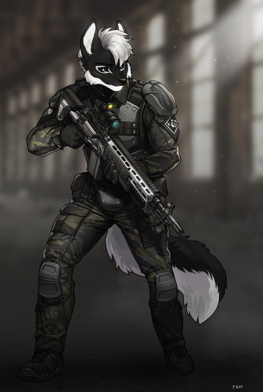 anthro armor boots clothing eyebrows footwear gloves gun hair handwear inner_ear_fluff m14_ebr male ranged_weapon rifle scope shoes shoulder_pads solo tuft weapon pgm300 canid canine fox mammal absurd_res digital_media_(artwork) hi_res shaded