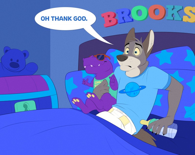 anthro babysitter bed bedding blanket blue_eyes bottle clean_diaper clothed clothing container diaper eyewear furniture male on_bed pillow plushie shirt sitting_up solo speech_bubble sunglasses text topwear toy_chest under_covers wearing_diaper colt3n brooks_(colt3n) bear canid canine canis dinosaur mammal prehistoric_species reptile scalie wolf 2019 hi_res