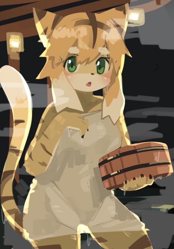 4_fingers anthro black_stripes blonde_hair blush breasts eyebrows eyelashes female female_anthro fingers fur green_eyes hair kemono lamp lantern long_hair looking_at_viewer open_mouth solo steam striped_body striped_fur stripes towel towel_only wet yellow_body yellow_fur yatosuke cygames world_flipper mia_(world_flipper) felid mammal pantherine tiger hi_res