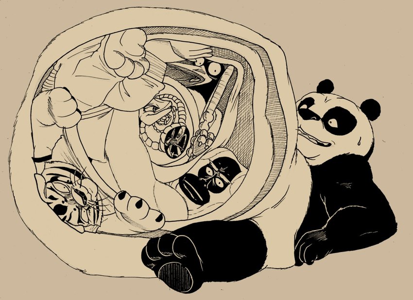 anthro belly big_belly bloated clenched_teeth cramped female feral group huge_belly hyper hyper_belly male male_pred multiple_prey nervous_smile nervous_sweat open_mouth recursive_vore soft_vore stuffing teeth tongue tongue_out vore lordweegee64 dreamworks kung_fu_panda master_crane master_mantis master_monkey master_po_ping master_tigress master_viper arthropod avian bear bird black-necked_crane crane_(bird) felid giant_panda golden_snub-nosed_monkey gruiform grus_(genus) haplorhine insect mammal mantis monkey old_world_monkey pantherine primate reptile scalie snake snub-nosed_monkey tiger viper