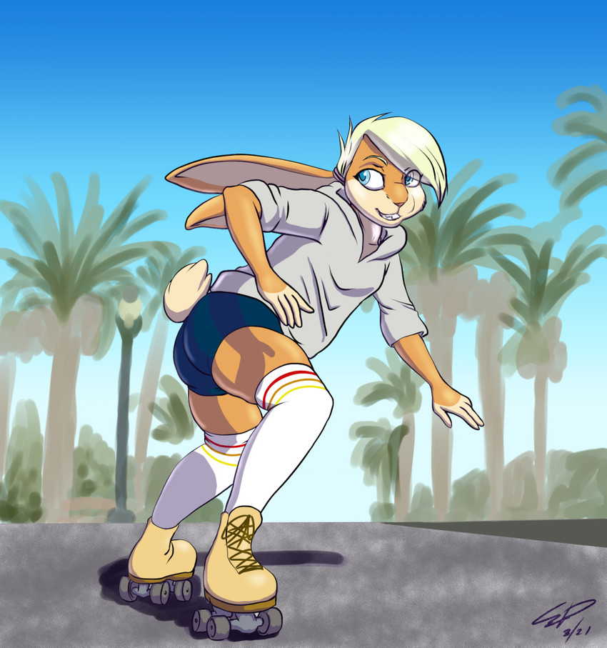 anthro blonde_hair bottomwear butt clothed clothing female hair hoodie mohawk_skating quad_skates roller_skates shorts skating solo summer topwear espent looney_tunes space_jam warner_brothers lola_bunny lagomorph leporid mammal rabbit hi_res