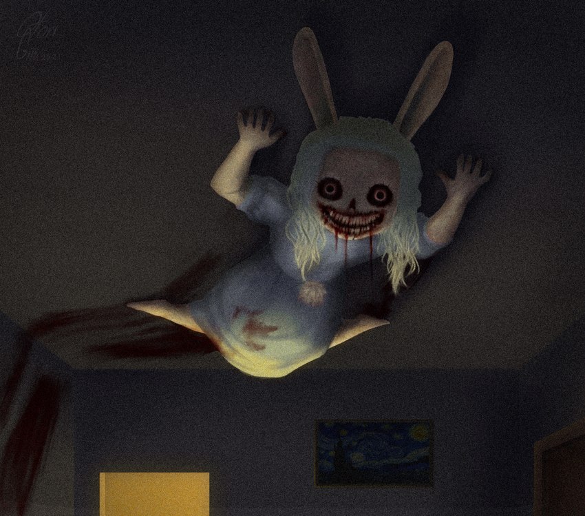 anthro blood blood_in_mouth bodily_fluids body_horror clothing creepy dress female hair nightmare_fuel on_ceiling red_eyes smile teeth white_hair young young_anthro young_female otorigin vincent_van_gogh the_starry_night gertrude_(meowmere) lagomorph leporid mammal rabbit 2021 hi_res