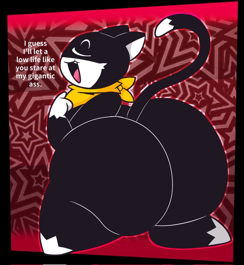 anthro big_butt black_body black_fur bubble_butt butt cute_fangs dialogue dipstick_tail eyes_closed fangs femboy fur gloves_(marking) huge_butt insult insulting_viewer kerchief kerchief_only leg_markings male markings neckerchief neckwear open_mouth open_smile raised_tail rear_view red_background simple_background smile smug socks_(marking) solo tail tail_markings talking_to_viewer teapot_(body_type) teeth text thick_thighs tongue white_body white_fur white_tail_tip wide_hips yellow_kerchief yellow_neckerchief tunemon atlus persona_(series) persona_5 sega morgana_(persona) domestic_cat felid feline felis mammal tuxedo_cat 2025 digital_media_(artwork) english_text hi_res