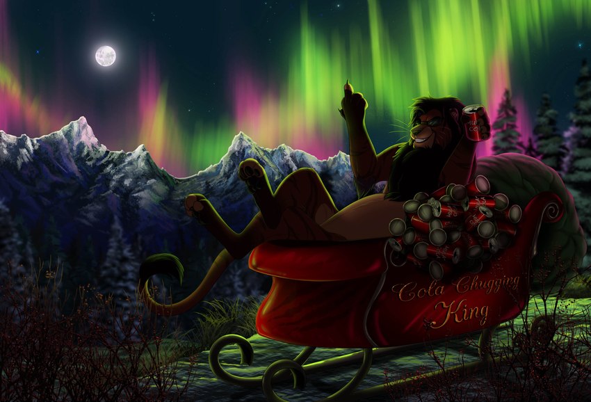 aurora_(phenomenon) bag berry beverage black_claws black_pawpads brown_body brown_fur brown_mane brown_stripes claws cola crater dark_body dark_mane detailed_background evergreen_tree eyewear feral flipping_viewer_off food fruit full_moon fur gesture grass hand_gesture landscape leaning leaning_backward leg_markings light lying male mane markings middle_finger moon moonlight mountain mountain_range night on_back pawpads pine_tree plant purple_mane quadruped shrub sleigh snow snow_on_trees socks_(marking) soda soft_drink solo star stripes sunglasses tree whiskers conditional_dnp dark_wolf2018 lynxbrush mula_(dark_wolf2018) felid hybrid liger lion mammal pantherine 2023 hi_res