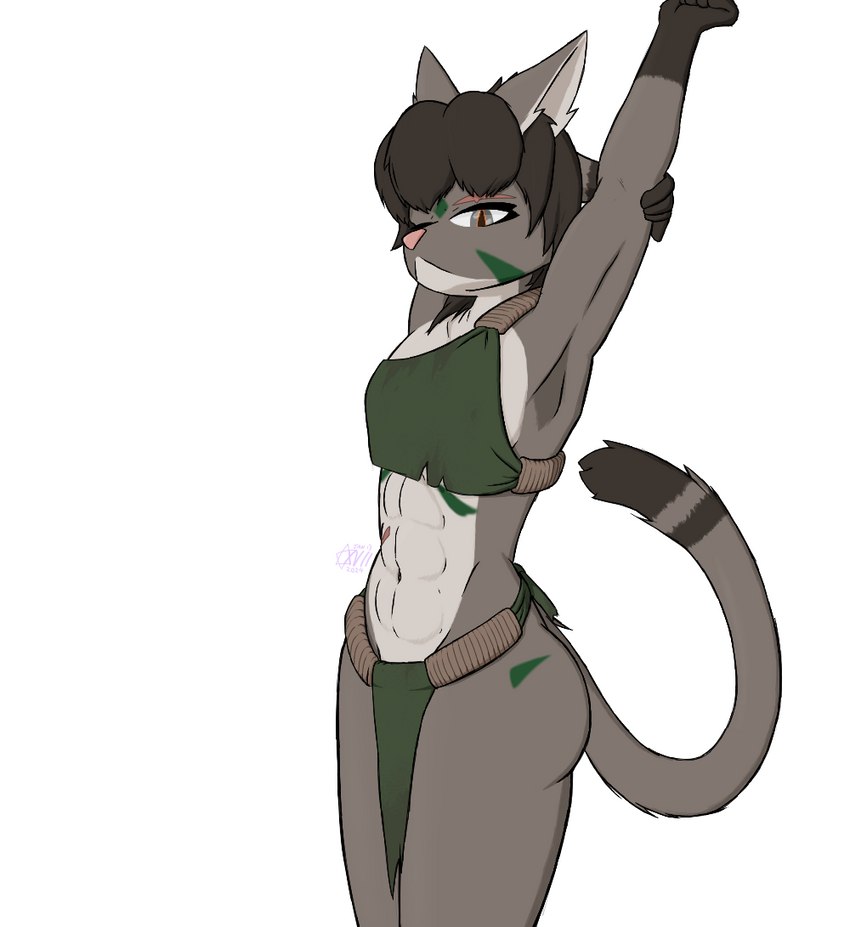 anthro big_butt bottomwear butt clothed clothing female flat_chested loincloth loincloth_only multicolored_eyes muscular muscular_female scar solo stretching topless xvii_(artist) nethe_(xvii) felid feline mammal