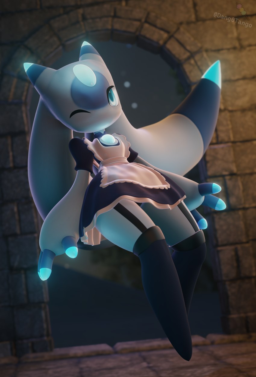 3_fingers anthro apron black_clothing blue_eyes cleavage_cutout clothed clothing crystal cutout female fingers flying forehead_gem gem glowing glowing_markings horn legwear levitating long_ears looking_at_viewer maid_uniform markings no_fur one_eye_closed panties panty_shot ponytail_ears solo stockings suspender_straps underwear uniform white_body white_clothing white_skin wink winking_at_viewer dang0tango palworld pocketpair humanoid lunaris_(pal) pal_(species) 3d_(artwork) digital_media_(artwork) hi_res signature