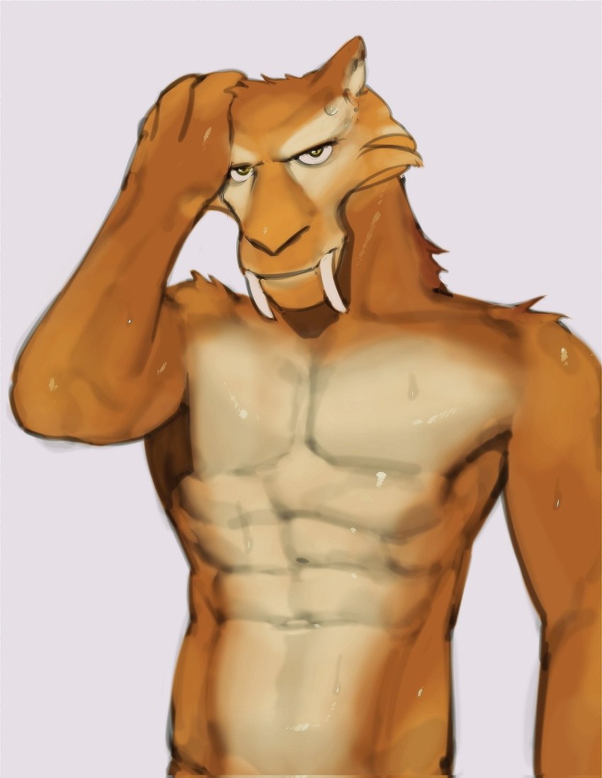 abs anthro bodily_fluids fur green_eyes long_teeth looking_at_viewer male muscular muscular_anthro muscular_male pecs pose simple_eyes solo sweat sweatdrop tan_body tan_fur kogito blue_sky_studios ice_age_(series) diego_(ice_age) felid mammal prehistoric_species saber-toothed_tiger hi_res