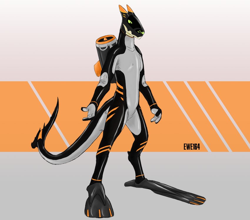 black_body feet flippers glistening glistening_body jet_pack markings membrane_(anatomy) orange_markings shark_tail slick solo suited toes webbed_feet white_body ewe164 kronas scalie species_request synth_(vader-san) absurd_res hi_res