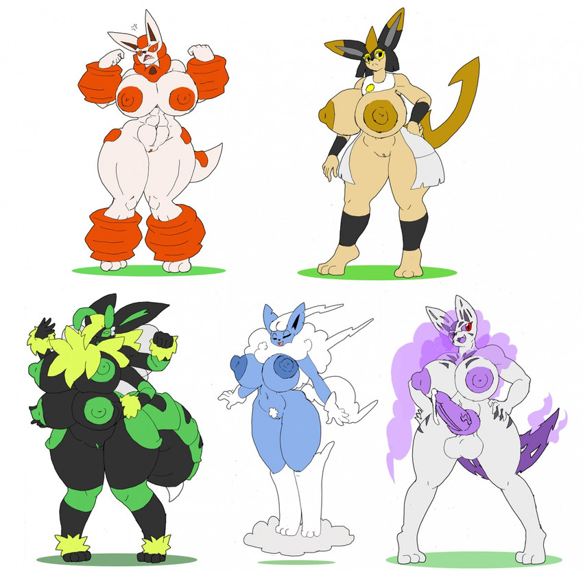 anthro big_breasts breasts female genitals group gynomorph intersex penis pussy tryfag fakemon fakeveelution hi_res