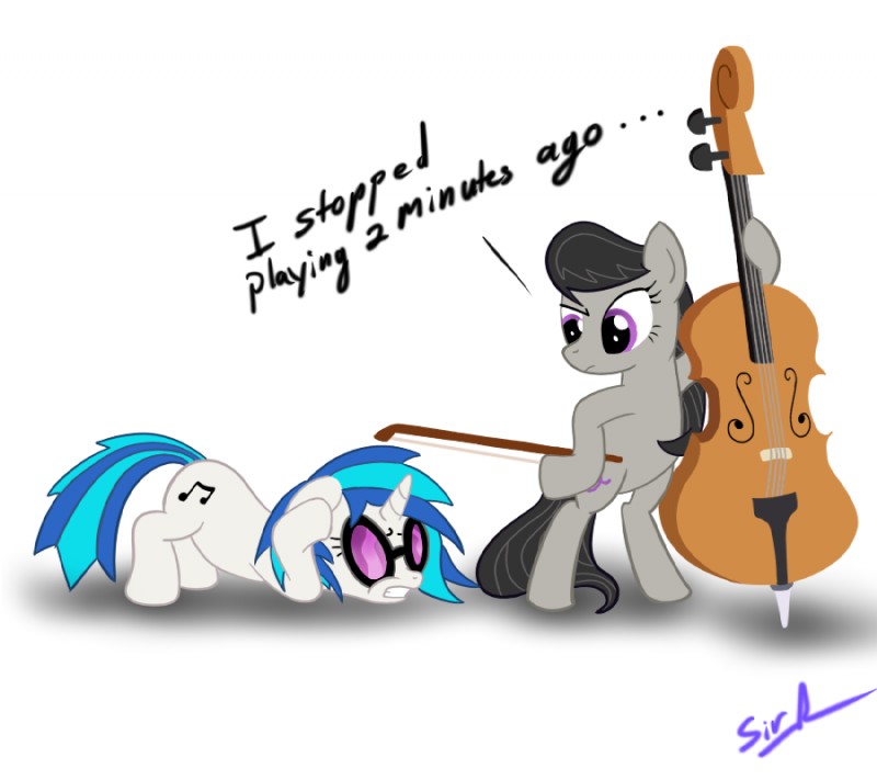 black_hair blue_hair bow_(stringed_instrument) bowed_string_instrument cutie_mark dialogue double_bass duo eyewear female feral glasses hair horn long_hair musical_instrument musical_note musical_symbol quadruped simple_background string_instrument sunglasses symbol tail text white_background sirradical friendship_is_magic hasbro my_little_pony mythology octavia_(mlp) vinyl_scratch_(mlp) earth_pony equid equine horse mammal mythological_creature mythological_equine pony unicorn 2012 english_text