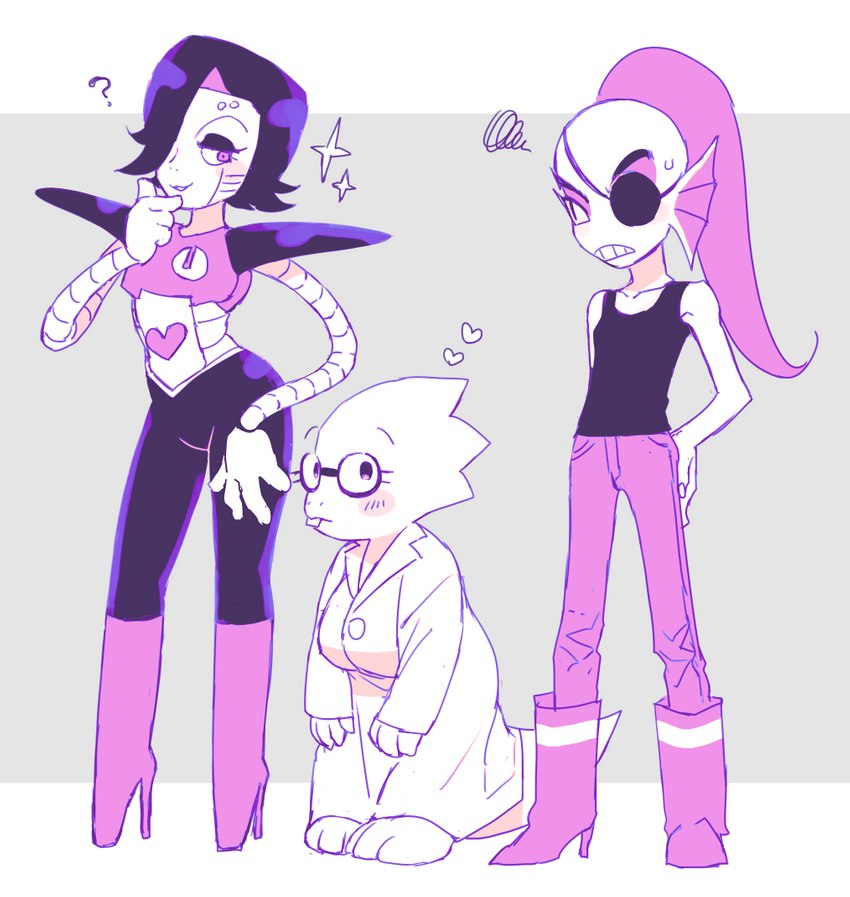 anthro biped blush boots bottomwear clothing coat ear_fins eyewear female fin footwear glasses group hair high_heeled_boots high_heels lab_coat machine male pants ponytail pupils shirt shoes slit_pupils tank_top topwear ouse undertale_(series) alphys mettaton_ex undyne animal_humanoid fish fish_humanoid humanoid marine marine_humanoid robot robot_humanoid scalie