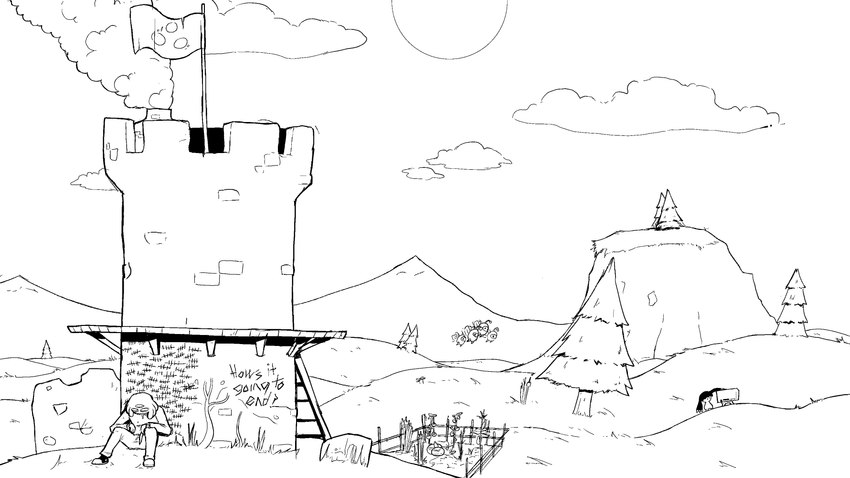 anthro farm flag male plant smoke tower afuckingcamel-zenge-art_(artist) starbound kenta_(afuckingcamel) bobfae humanoid hylotl poptop_(starbound) absurd_res black_and_white hi_res monochrome