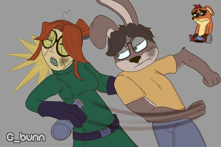 angry anthro bodily_fluids crying duo eyewear female fight glasses hair long_hair male male/female ouch sad tears wounded g_bunn activision crash_bandicoot_(series) crash_bandicoot gunnar_c_cotton bandicoot human humanoid lagomorph leporid mammal marsupial rabbit 3:2 absurd_res hi_res