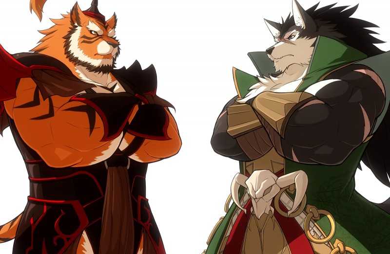 anthro armor biceps big_muscles clothing crossed_arms duo fur hat headgear headwear male markings muscular muscular_male orange_body orange_fur pose purple_eyes scar simple_background stripes white_body white_fur yellow_eyes drks sega shining_(sega) shining_wind raihi_(shining) rouen_(shining) canid canine canis felid mammal pantherine tiger wolf alternate_version_at_source colored hi_res