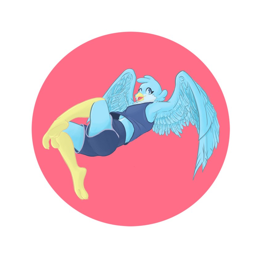 2_toes anthro avian_feet blue_body blue_clothing blue_eyes blue_feathers bottomwear clothing feathers feet female flying shirt shorts solo tank_top toes topwear white_body white_feathers winged_arms wings mackmcstacks bea avian bird blue_bird hi_res