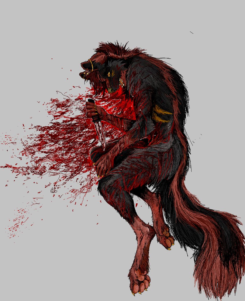 4_toes 5_fingers anthro black_body black_fur blood bodily_fluids brown_body brown_fur brown_nose claws cut_(wound) death digitigrade feet fingers fluffy fluffy_tail fur gold_ear_ring gore grey_background high-angle_view holding_knife holding_object knife lying male multicolored_body multicolored_fur on_side open_mouth orange_pawpads orange_tongue pawpads scar self-harm self-harm_scars sharp_teeth simple_background snout solo suicide tail teeth toes tongue two_tone_body two_tone_fur wounded yellow_claws yellow_eyes jeffusherb mythology emby emby_(embyjunk) aniwye mammal mephitid mythological_creature skunk aliasing digital_drawing_(artwork) digital_media_(artwork) full-length_portrait portrait