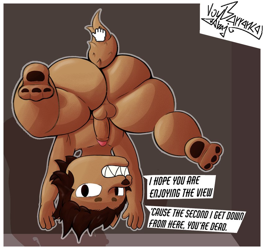 angry anthro balls big_butt black_eyes brown_body brown_fur brown_hair butt clenched_teeth fur genitals hair half-erect held_by_tail lifted lifted_by_tail looking_away male misleading_thumbnail mouse_cursor nude outline penis showing_teeth simple_background solo speech_bubble tail tail_grab teeth text thick_thighs upside_down voy_barranca_abajo allkuray canid canine canis domestic_dog mammal digital_media_(artwork) english_text hi_res